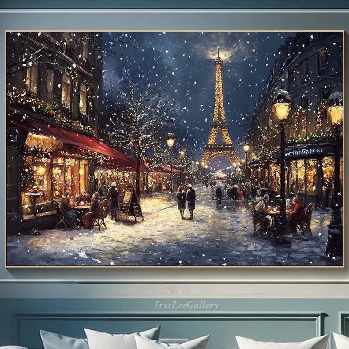 Paris Eiffel Tower Winter Night Snowy Street Cafe Scene Art Poster