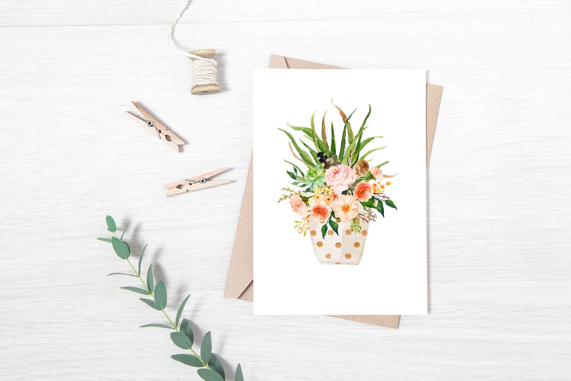 Blush Roses Watercolor Bouquet In Polka Dot Pot Floral Art Poster - Image 3