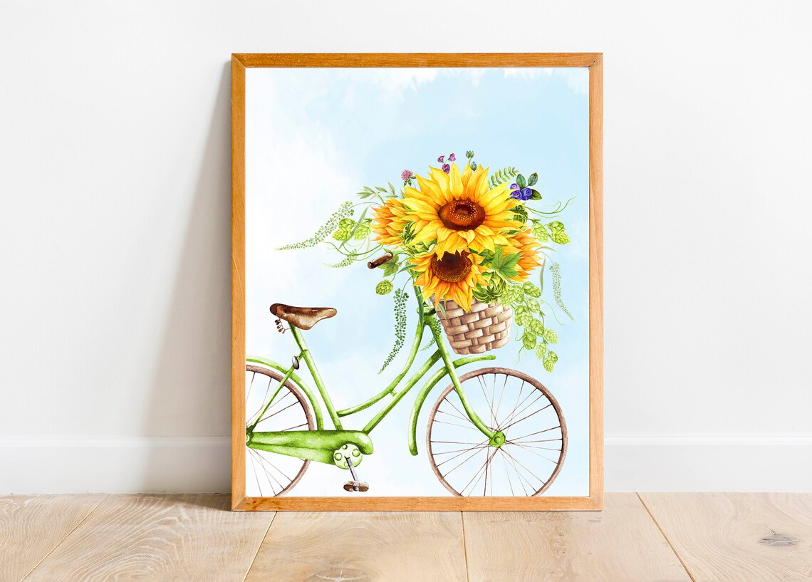 Green Bicycle With Sunflower Basket Summer Watercolor Poster - Image 5