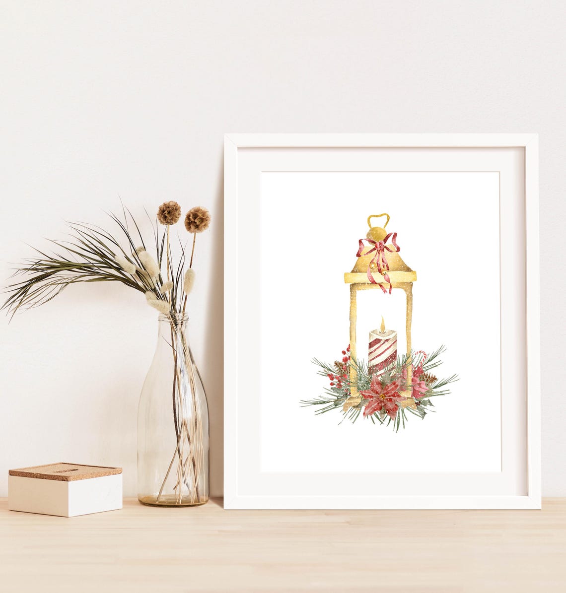 Golden Christmas Lantern Candle Poinsettia Watercolor Holiday Poster - Image 3