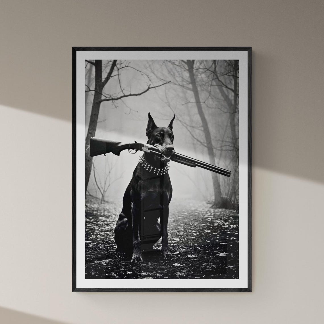 Doberman With Shotgun Misty Forest Black White Edgy Photo Poster