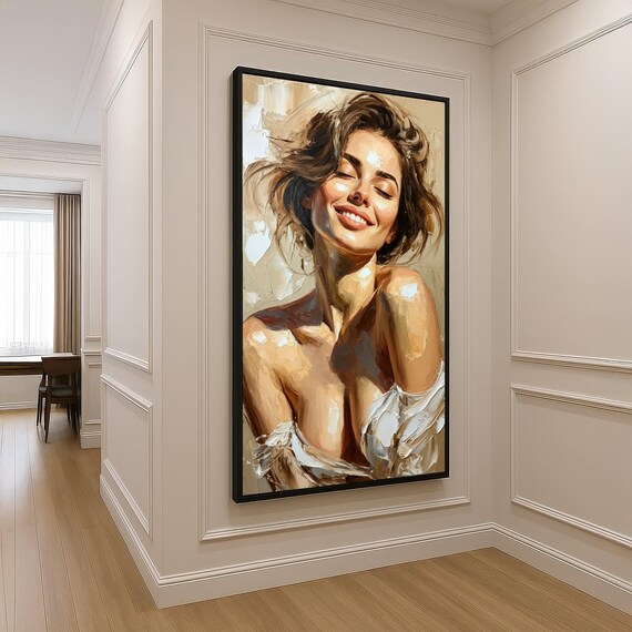 Joyful Smiling Woman Portrait Oil Painting Modern Figurative Poster