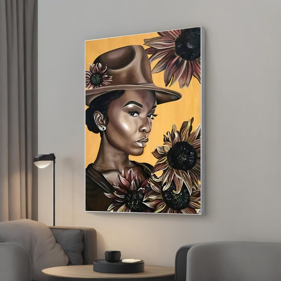 Beauty African Woman Painting Sunflower Canvas Art For Modern Home Decor Unique Contemporary Wall Gift