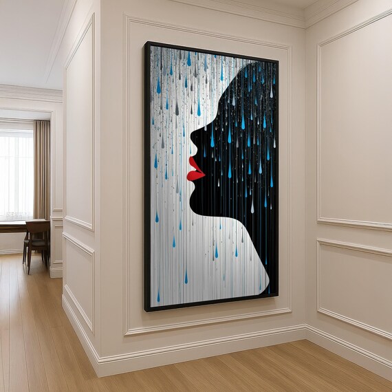 Abstract Woman Profile Canvas Rain Drops Art Modern Silhouette Wall Red Lips Contemporary Home Decoration