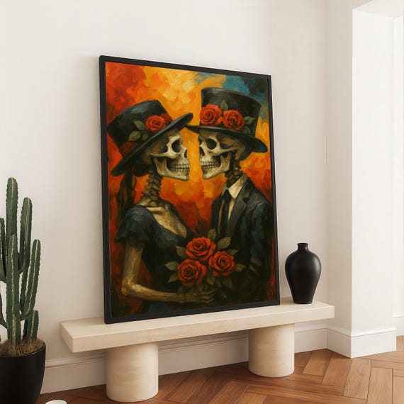 Romantic Skeleton Couple Canvas Gothic Wall Art Da De Los Muertos Love Vintage Skull Painting Halloween Decoration Ready To Hang