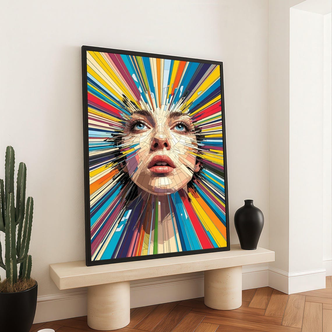 Colorful Mosaic Woman Face Rainbow Rays Modern Pop Art Poster