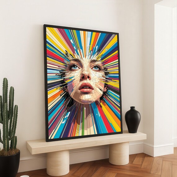 Colorful Mosaic Woman Face Rainbow Rays Modern Pop Art Poster