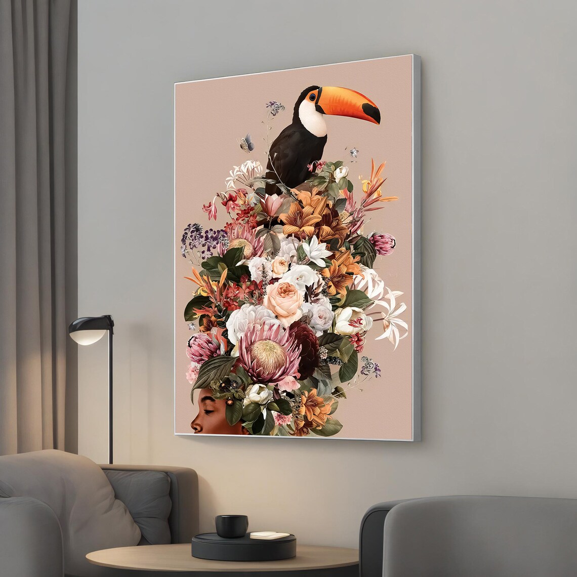 Woman Floral Headdress Toucan Tropical Birds Boho Botanical Art Poster