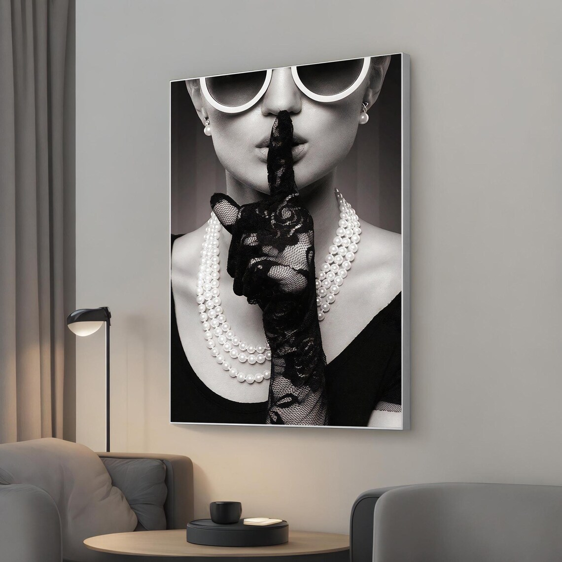 Black and White Glamorous Woman Pearl Necklace Lace Glove Fashion Poster
