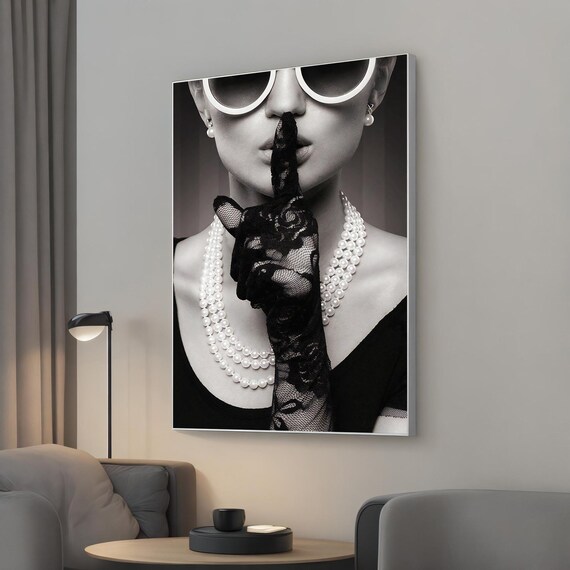 Black and White Glamorous Woman Pearl Necklace Lace Glove Fashion Poster