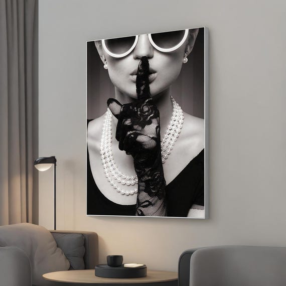Elegant Fashion Canvas Art Black And White Portrait With Lace Gloves Pearls Mysterious Stylish Readytohang Wall Decor