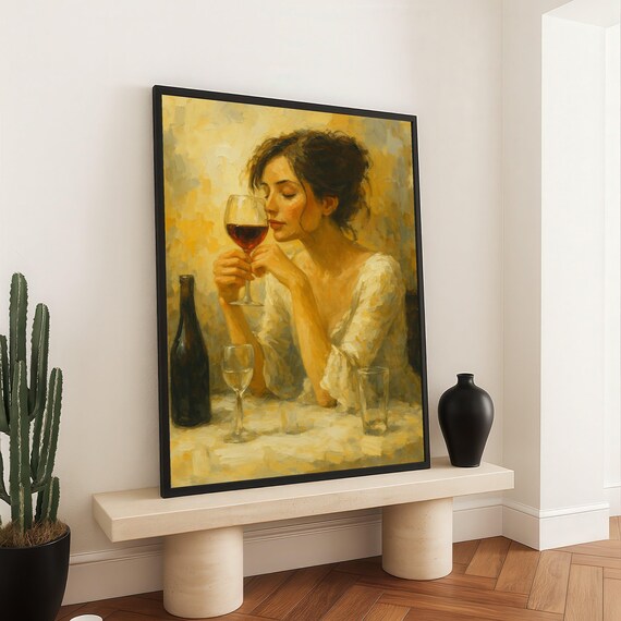 Woman With Red Wine Impressionist Style Golden Canvas Wall Art
