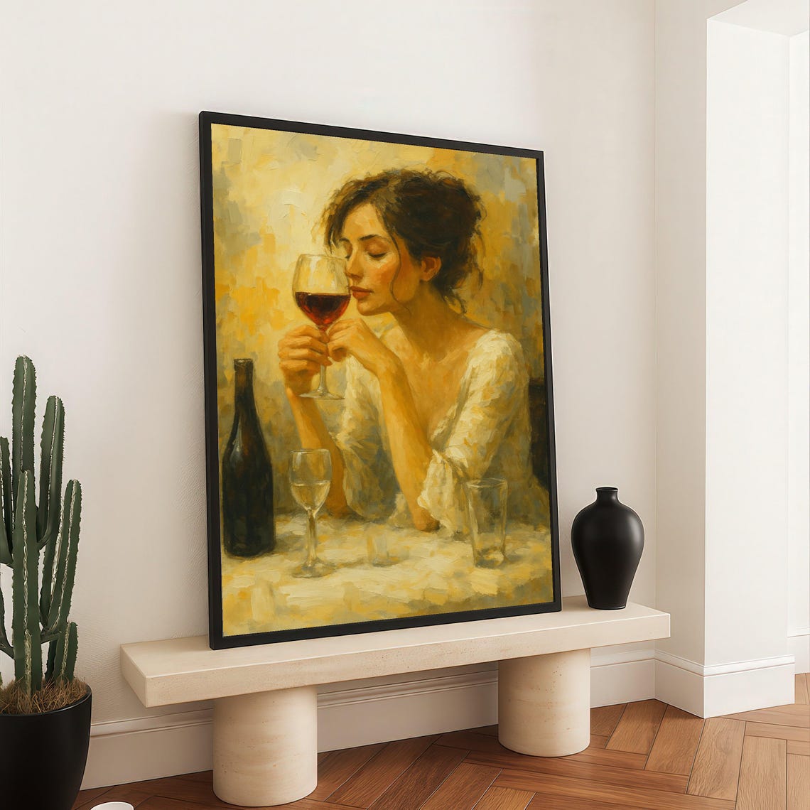 Woman With Red Wine Impressionist Style Golden Canvas Wall Art