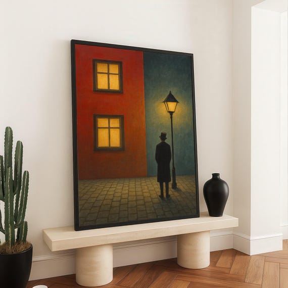 Mysterious Night Scene Canvas Man Under Street Lamp Vintage Urban Wall Art Evening Cityscape Decoration Moody Ambient Print