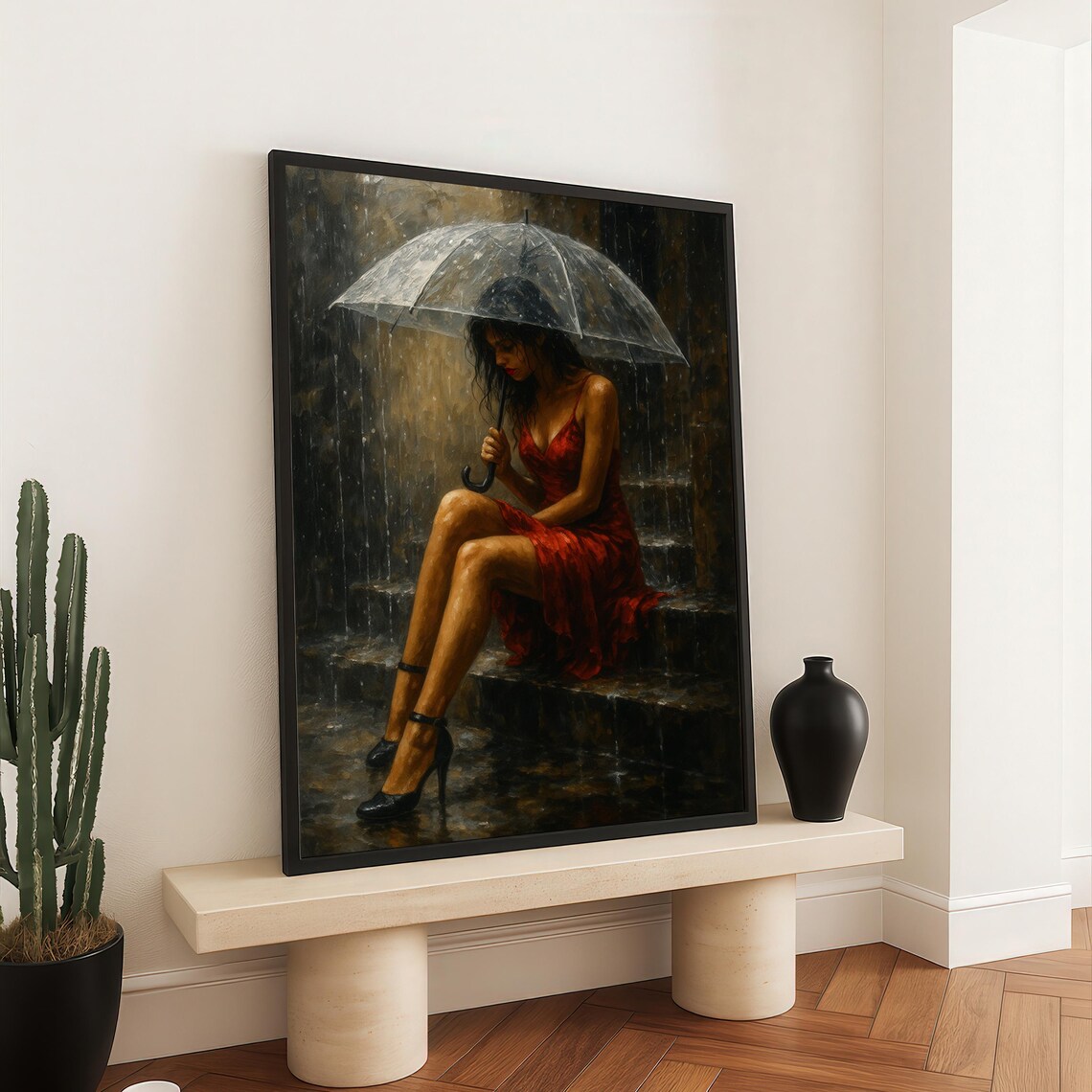Woman In Red Dress Under Clear Umbrella In Rain Painting Print