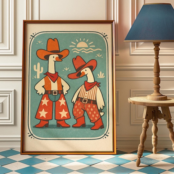 Two Cowboy Geese Retro Western Duo Funny Kids Room Wall Poster