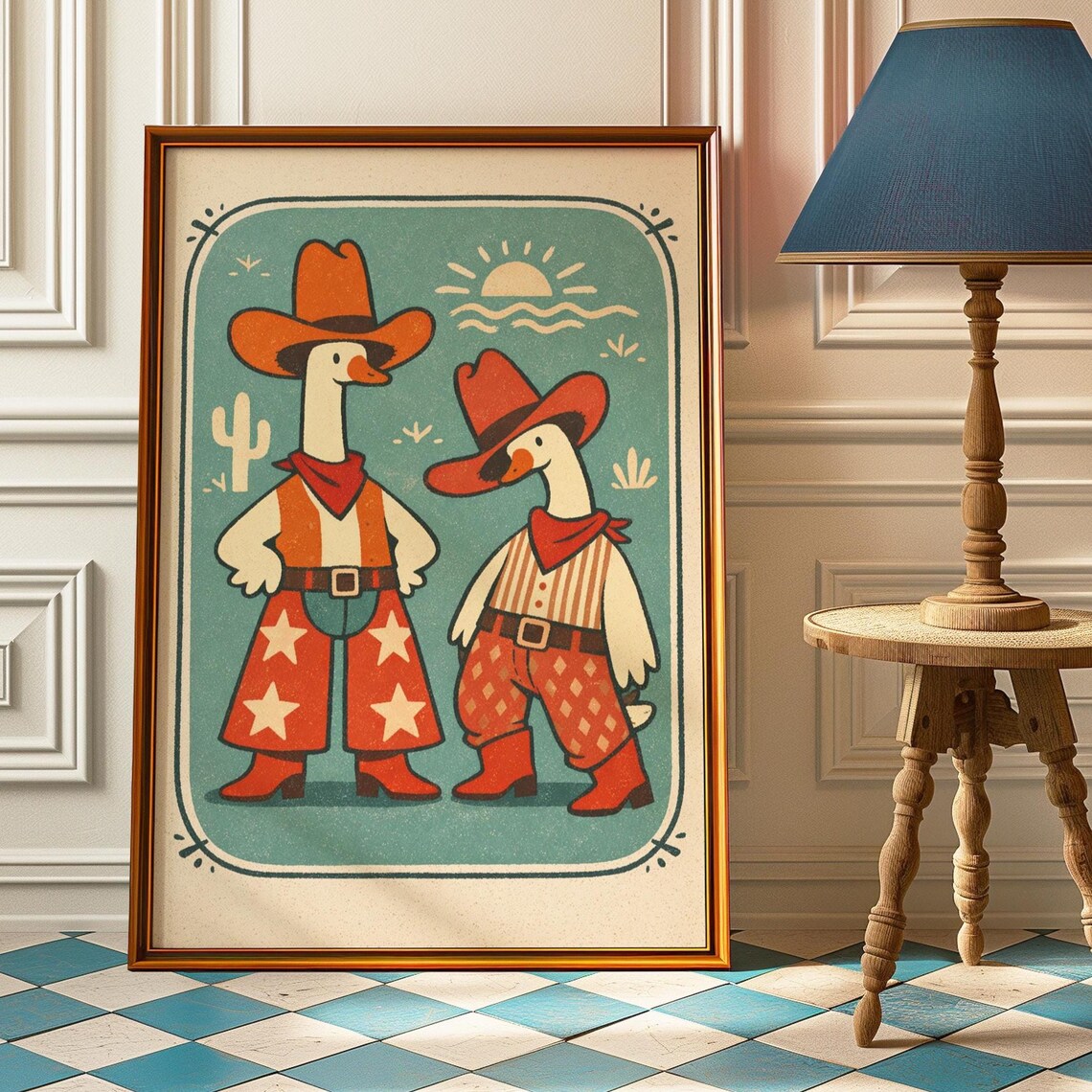 Two Cowboy Geese Retro Western Duo Funny Kids Room Wall Poster