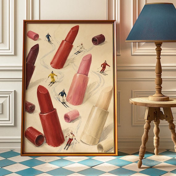 Lipstick Ski Slopes Vintage Retro Skiers Whimsical Makeup Art Poster