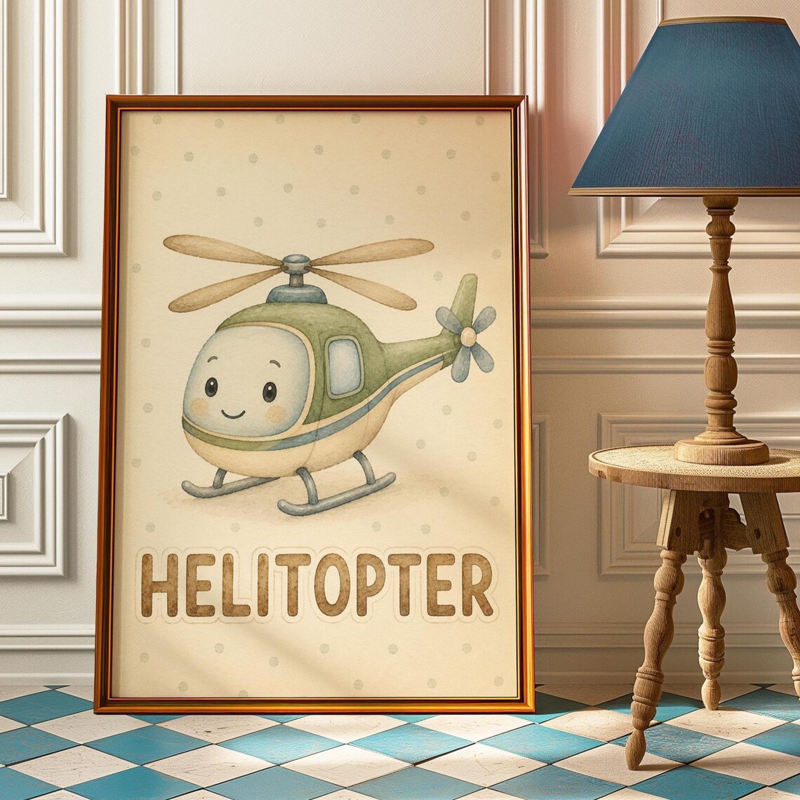 Cute Smiling Helicopter Nursery Kids Room Watercolor Art Poster
