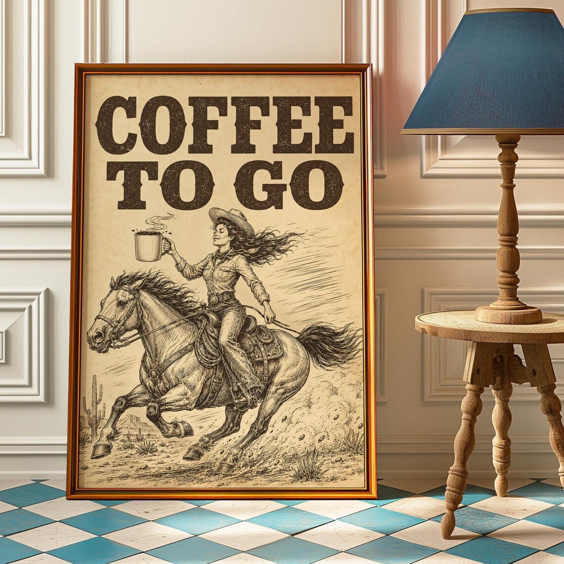 Coffee To Go Cowgirl, Vintage Western Poster