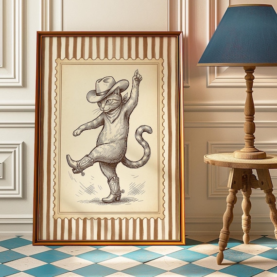 Dancing Cowboy Cat Vintage Funny Western Animal Dance Art Poster
