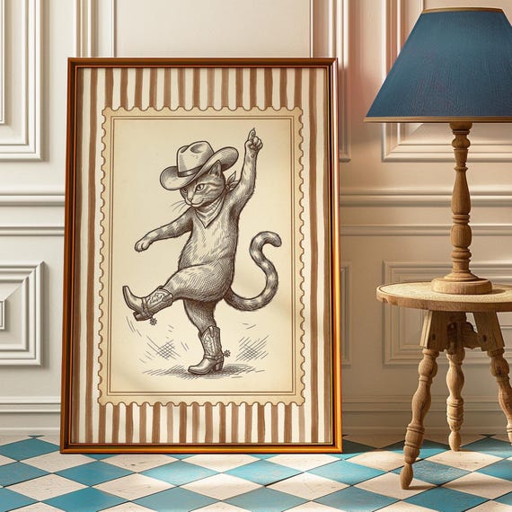 Whimsical Dancing Cowboy Cat Poster Funny Vintage Decor Western Nursery Art Retro Striped Lover Gift Idea Farmhouse