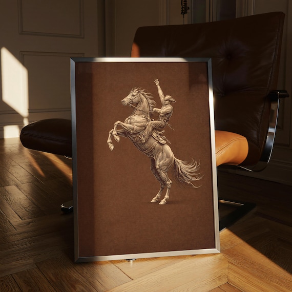 Vintage Bucking Bronco Art Classic Rodeo Cowboy Poster Rustic Ranch Decor Masculine Office Wall