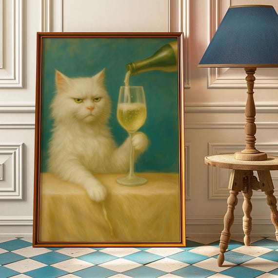 White Cat With Champagne Glass Painting Retro Grumpy Moody Poster Vintage Bar Cart Decor Lover Gift Preppy Posters