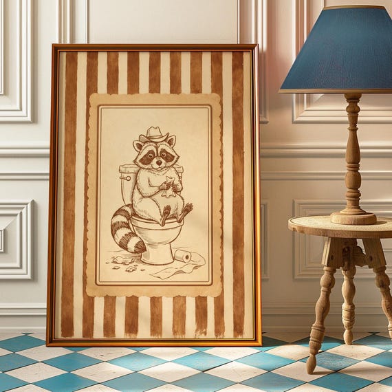 Raccoon On Toilet Poster Funny Bathroom Wall Art Vintage Cowboy Print Quirky Powder Room Decor