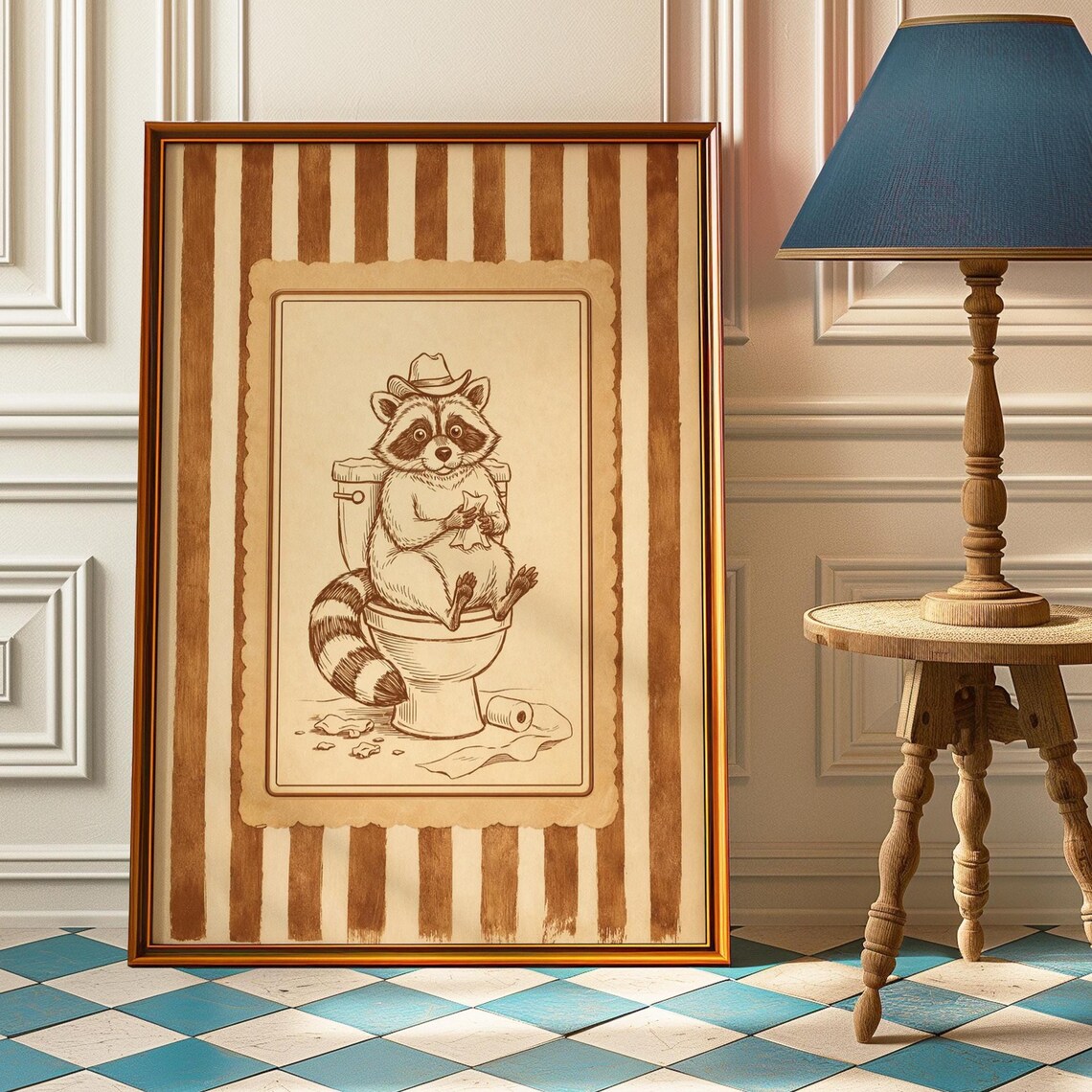 Raccoon in Cowboy Hat on Toilet Funny Western Bathroom Poster
