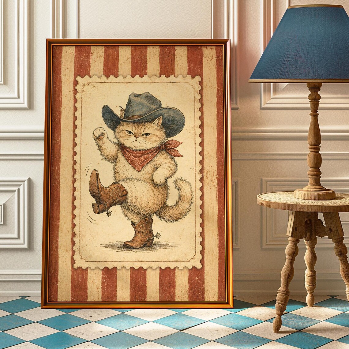 Cowboy Cat Funny Dancing Vintage Poster Print