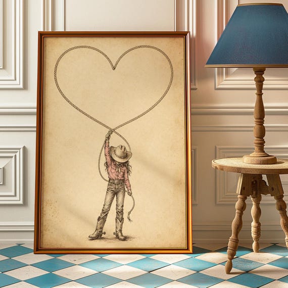 Cowgirl Heart Lasso Wall Art Print Western Love Poster Vintage Decor Country Wedding Bachelorette Gift Idea
