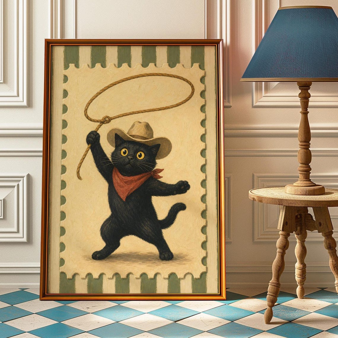 Cowboy Kitten Lasso Vintage Stamp Style Funny Cat Sunlit Poster