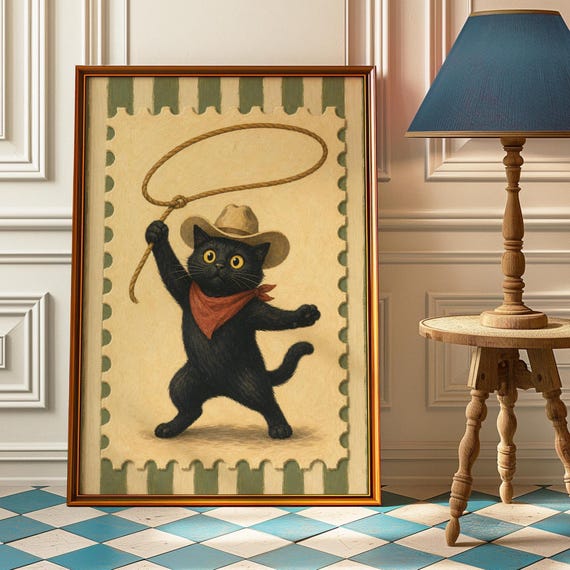 Lasso Cowboy Cat Stamp Poster Funny Western Wall Art Quirky Black Print