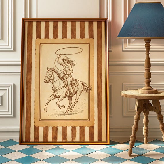 Cowgirl Lasso Poster Western Horse Riding Wall Art Vintage Rodeo Print Rustic Country Bedroom Decor