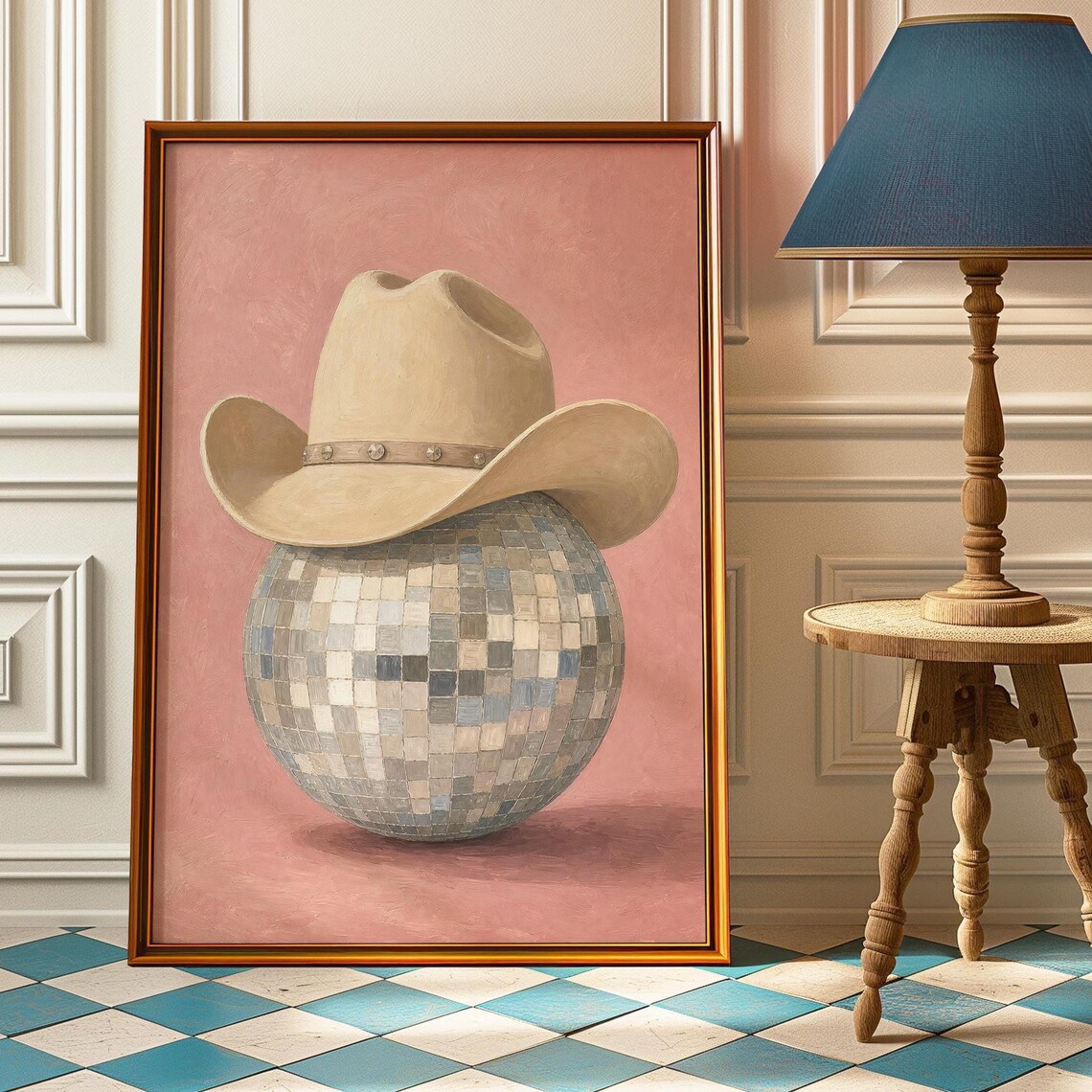Cowboy Hat Disco Ball Pink Coastal Cowgirl Western Disco Poster