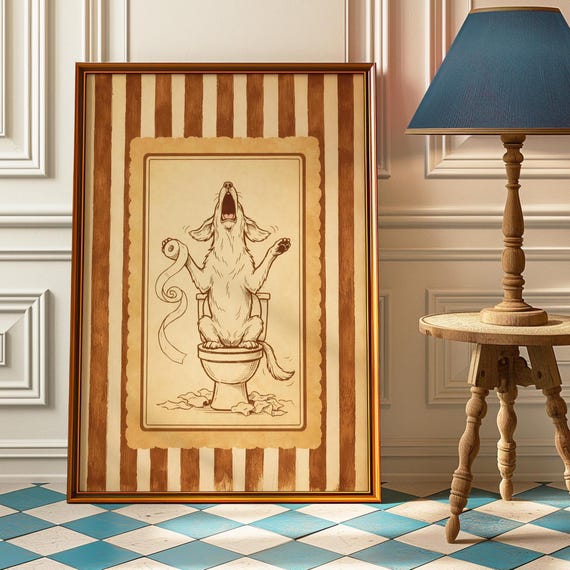 Dog On Toilet Poster Funny Howling Bathroom Wall Art Vintage Powder Room Print Quirky Decor