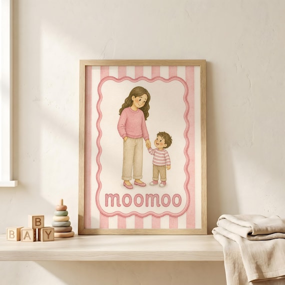 Moomoo Mother and Son Pink Nursery Mothers Day Sweet Art Print