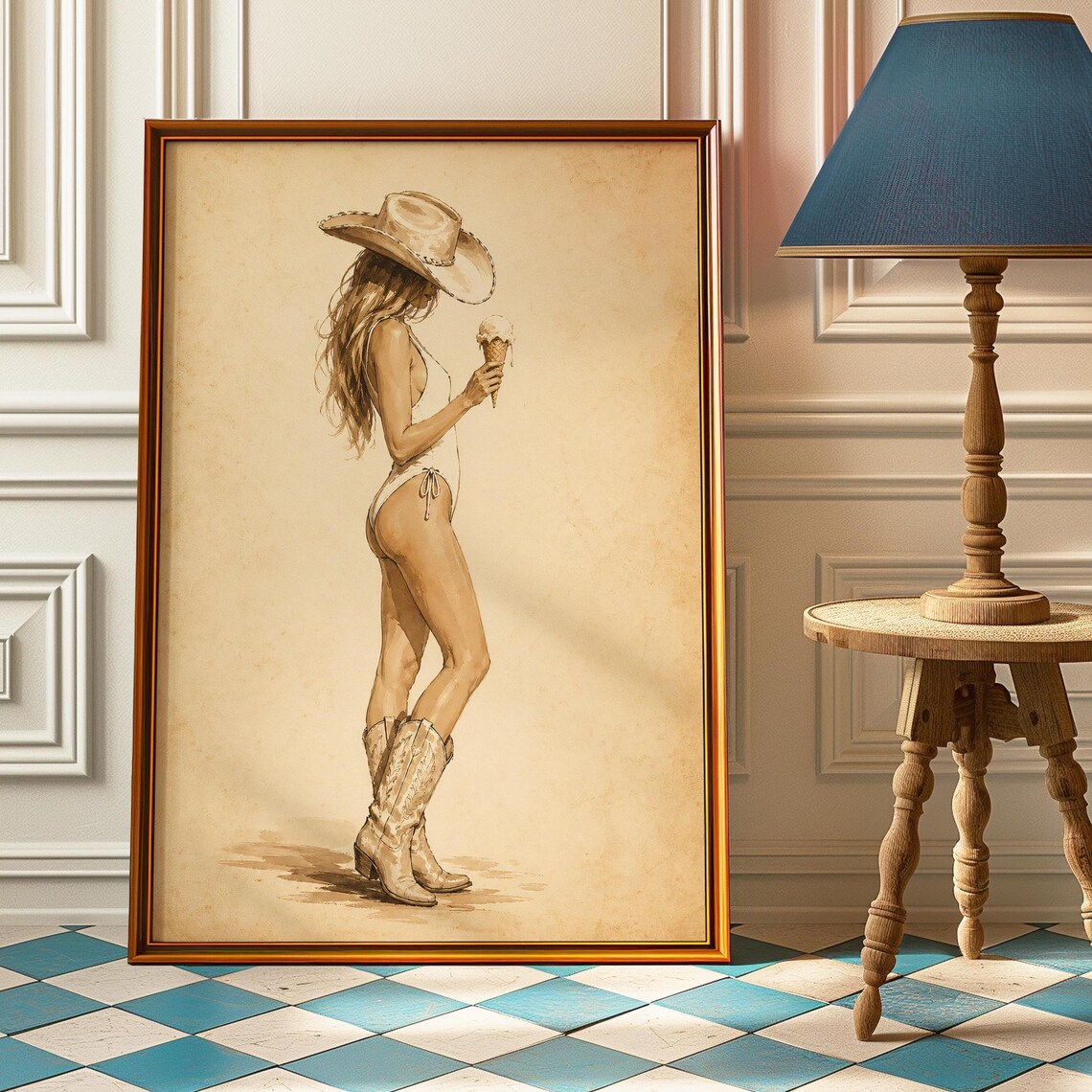 Ice Cream Cowgirl Sepia Pinup Poster Vintage Western Summer Art