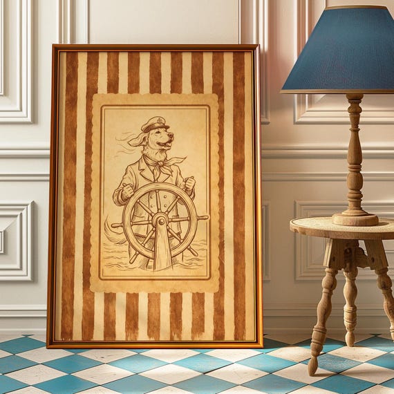 Captain Dog Poster Golden Retriever Sailor Wall Art Vintage Nautical Ship Wheel Print Lake House Decor