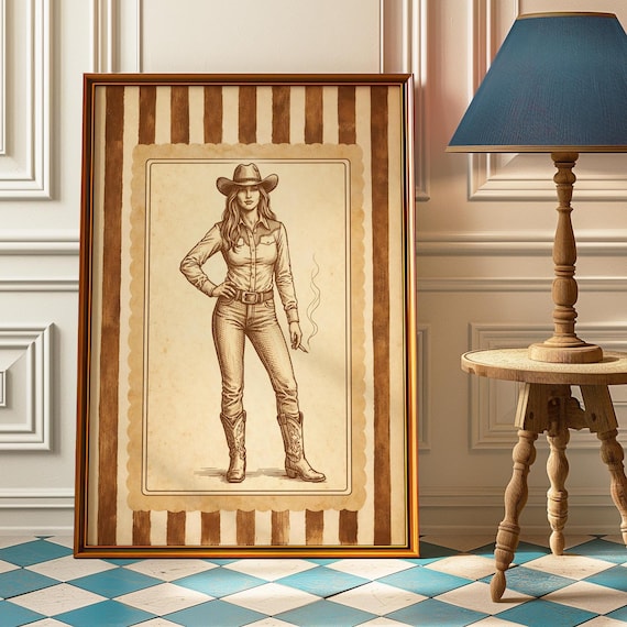Cowgirl Smoking Poster Vintage Western Wall Art Sketched Cowboy Boot Print Rustic Bedroom Decor