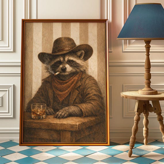 Funny Smoking Raccoon Cowboy Wall Art Western Animal Poster Farmhouse Decor Print Vintage Bar Cart Cute Whiskey Gift
