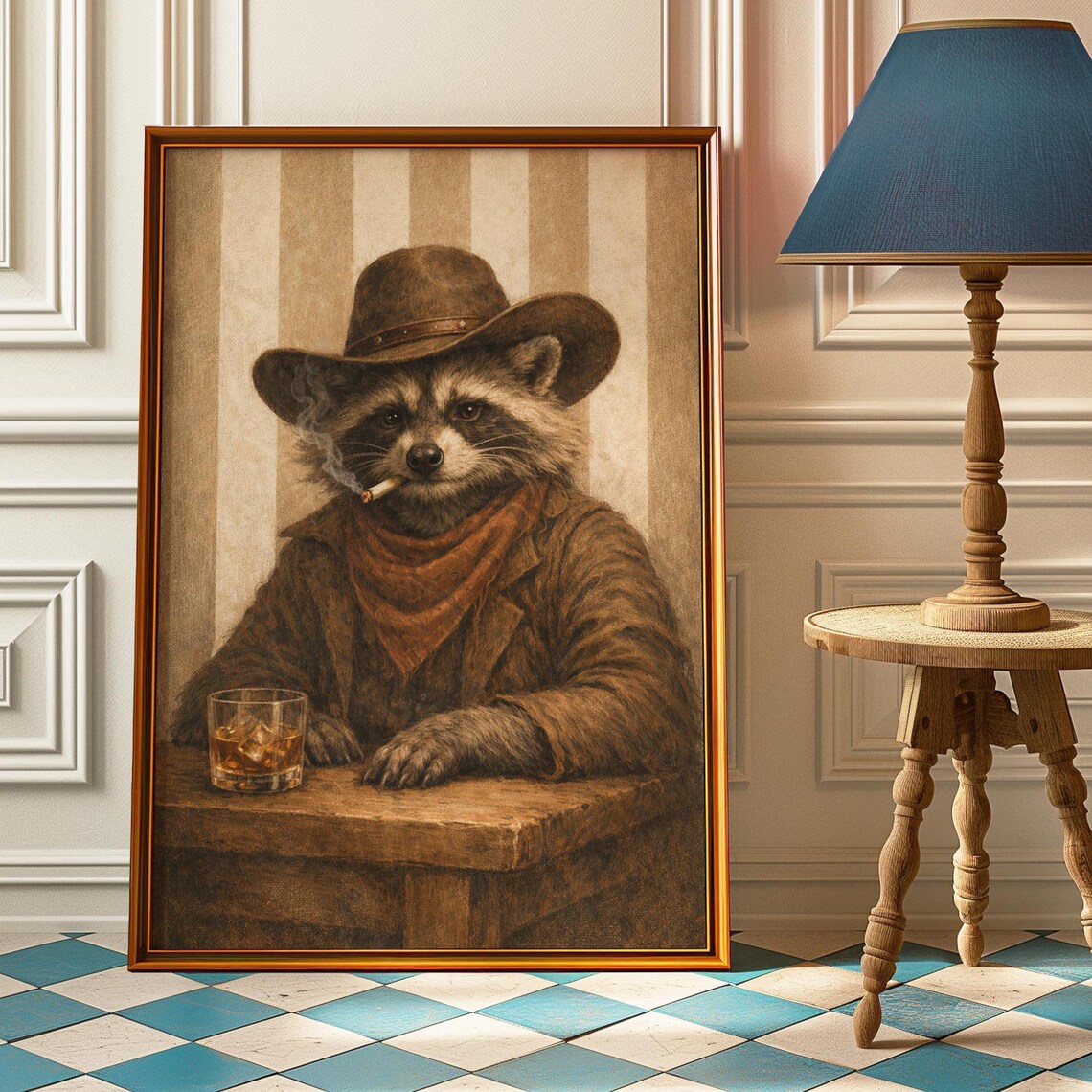 Funny Smoking Raccoon Cowboy Western Vintage Animal Wall Print