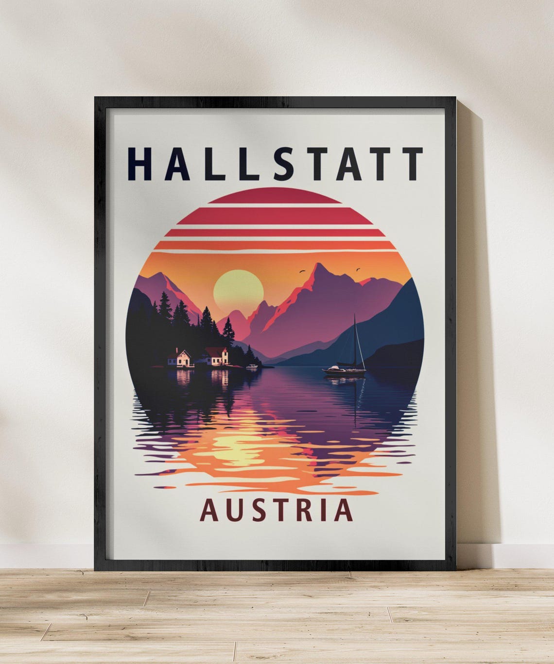 Hallstatt Austria Sunset Lake Sailboat Mountain View Travel Poster - Image 2