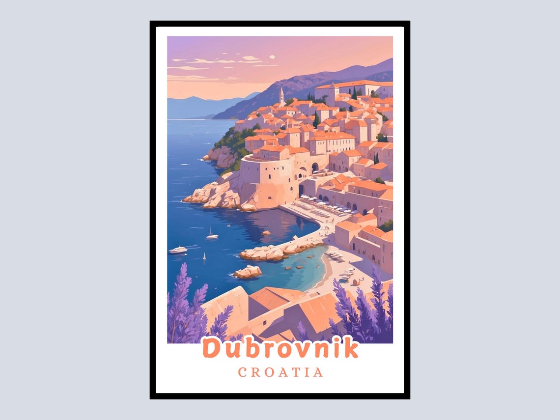 Dubrovnik Croatia Travel Poster Coastal Old Town Sunset View