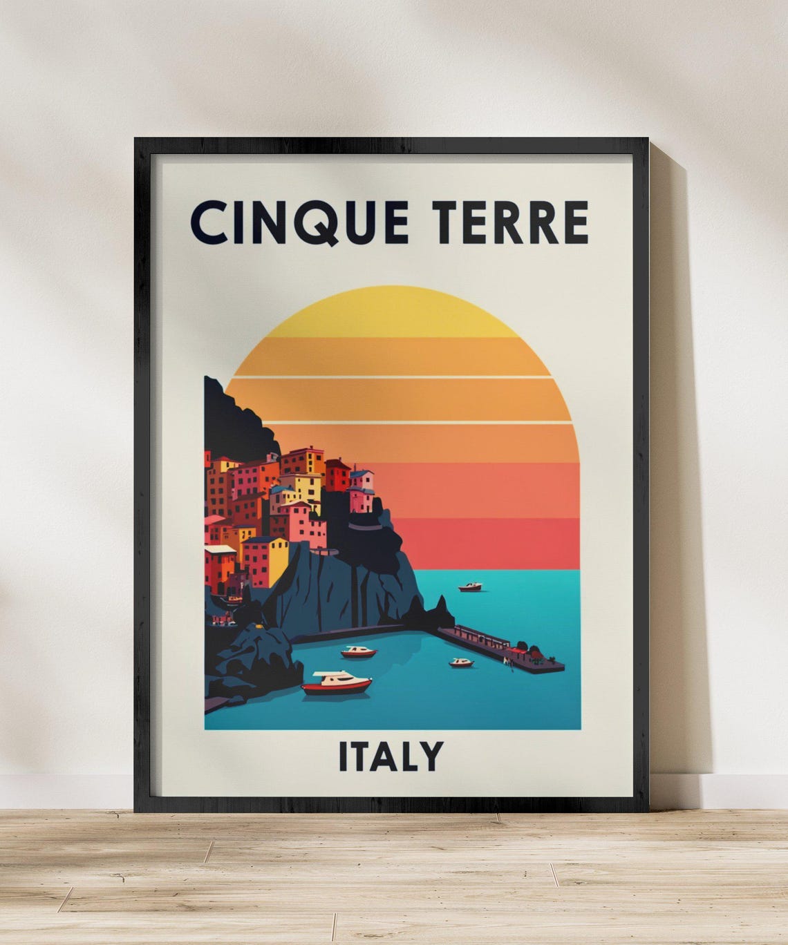 Cinque Terre Italy Sunset Cliffside Village Boats Retro Travel Poster - Image 2