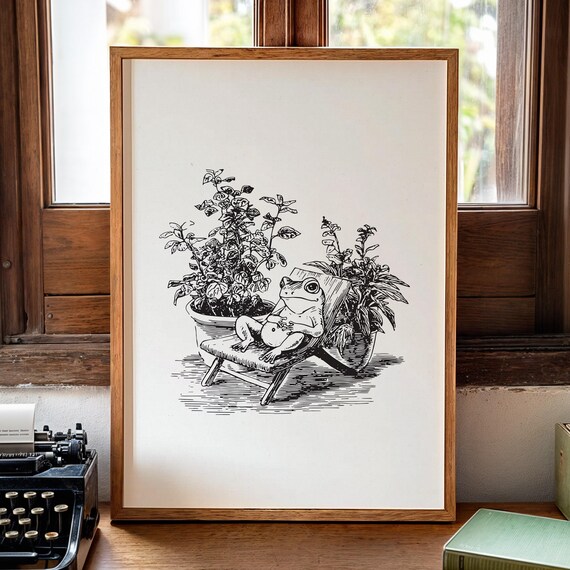 Frog Drawing Art Print, Frogcore Line Illustration