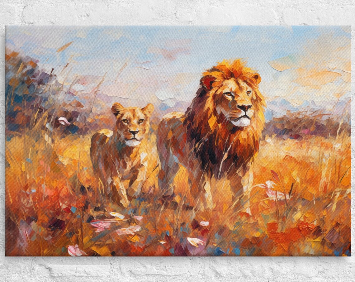 Lion And Lioness Portrait Painting Savanna Oil Artwork Wildlife Print - Image 3