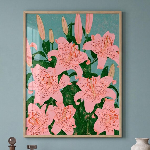 Pink Lily Flower Print Botanical Wall Art Teal Green Floral Poster Vintage Style Illustration Digital Download