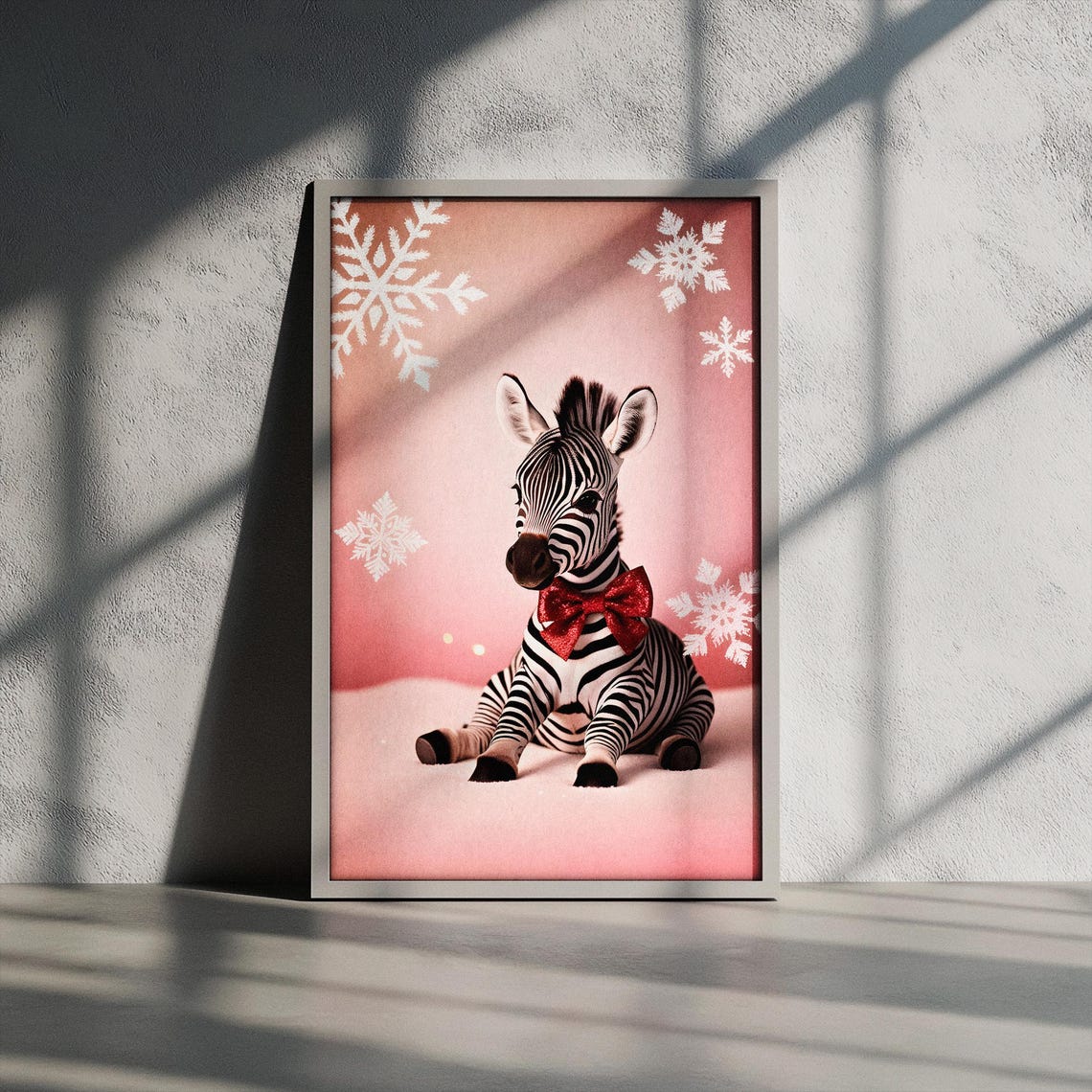 Festive Baby Zebra with Sparkling Red Bow Pink Winter Nursery Poster
